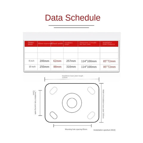 Data schedule for eight inch pneumatic caster wheel equipped with silent rubber tires for flatbed trolley replacement.