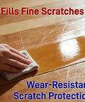 Person applying Top Shelf Wood Floor Polish And Hardwood Cleaner To Bring Back That Slick Showroom Shine And Kick Out Stubborn Dirt Quick Evaporating Formula Wipes Up Messes Fast While Guarding Tile And Marble on scratched hardwood floor.