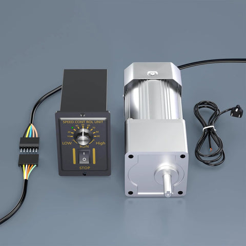 Front view of silver 300W 110V AC gear reducer motor with CW/CCW speed controller and wiring harness
