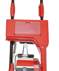 Close-up of Garden Seeder Handy Push 7 Nozzles Roller Planter And Fertilizer Spreader, red design with handle and part details.