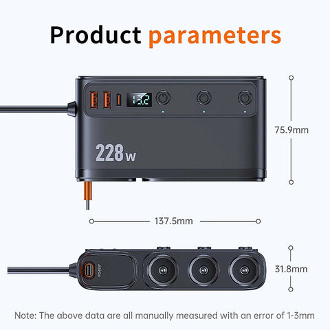 Dimensions and ports of Heavy Duty Cigarette Lighter Splitter With 45W Retractable Type C Car Charger Cable.