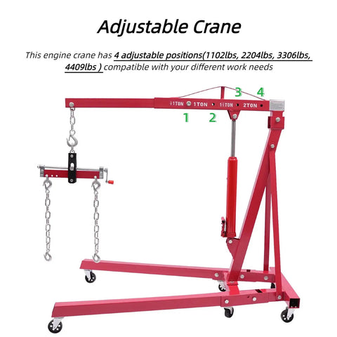 Heavy Duty Two Ton Foldable Engine Hoist With Adjustable Cherry Picker Crane Boom and Six Tight Turning Casters, 4 adjustable positions.