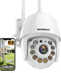 Outdoor 2K Security Camera Wireless WiFi IP System With 360 Degree View Motion Detection Auto Tracking Two Way Talk Floodlight Alarm Full Color Night Vision Dual Band WiFi Compatible With iOS Android Mac Windows shown next to smartphone display.