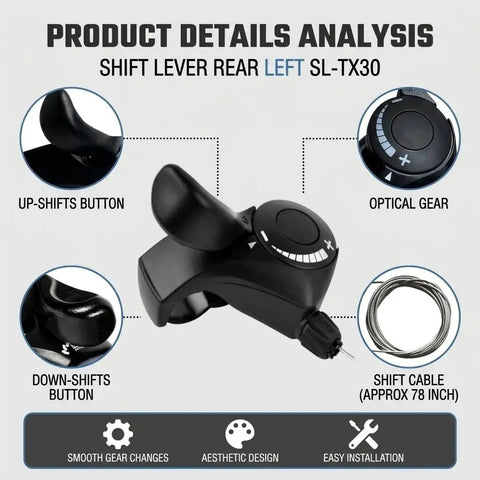 7 Speed Right Thumb Trigger Shifter and 3 Speed Left Thumb Shift Lever Set details, featuring optical gear & shift cable.