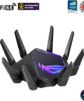 ROG Rapture WiFi 6E Gaming Router GT-AXE16000 with six antennas and logo, quad-band, 6 GHz, dual 10G ports visible