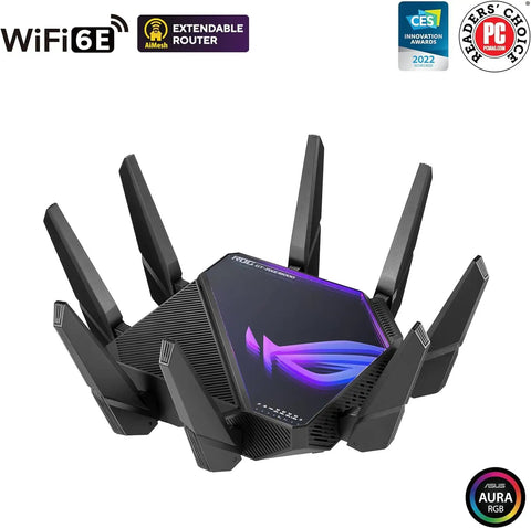 ROG Rapture WiFi 6E Gaming Router GT-AXE16000 with six antennas and logo, quad-band, 6 GHz, dual 10G ports visible