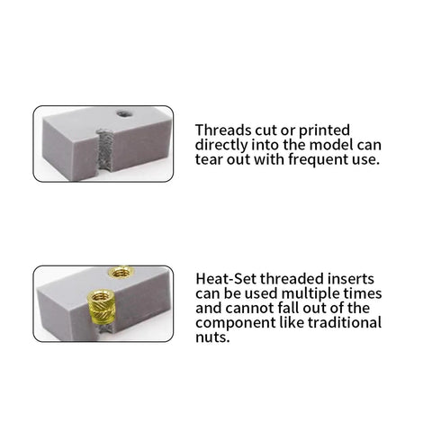 Ultimate Brass Heat Set Inserts M2 To M6 Spiral Nuts For 3D Printing And Molding Projects With Super Strong Grip and visible threaded inserts.