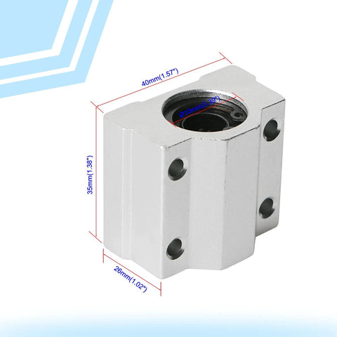 SCS10UU 10mm linear ball bearing for CNC and 3D printers, aluminum slide block with precise measurements for smooth motion.