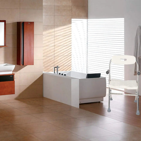 Bathroom with Easy Fold Shower Chair For Seniors And Disabled, Adjustable Height Bath Seat With Grab Handle beside the tub