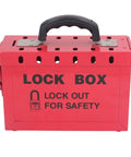 Portable Big Red Stainless Steel Lockout Tagout Box For Group Lockout Procedures 12 Locking Holes LOTO Station with handle.
