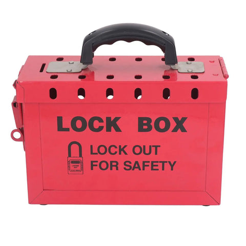 Portable Big Red Stainless Steel Lockout Tagout Box For Group Lockout Procedures 12 Locking Holes LOTO Station with handle.