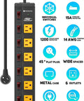 Heavy Duty Metal Power Strip With 6 Individually Switched Outlets, 1.77 Inch Wide Spacing For Bulky Plugs, 6 Foot Cord, 1200J Wall Mount Power Hub For Garage And Workshop, 15A 1875W, shown with features and icons