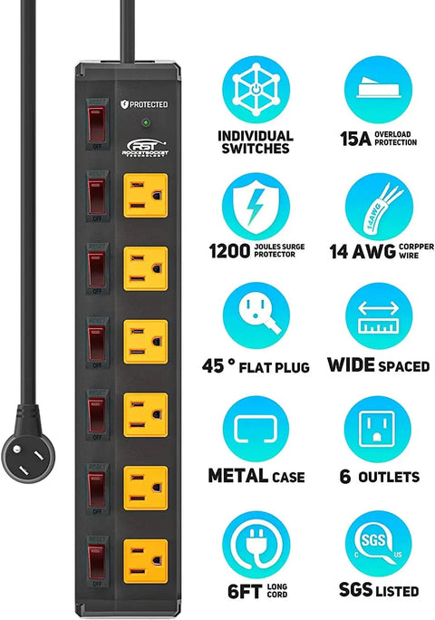 Heavy Duty Metal Power Strip With 6 Individually Switched Outlets, 1.77 Inch Wide Spacing For Bulky Plugs, 6 Foot Cord, 1200J Wall Mount Power Hub For Garage And Workshop, 15A 1875W, shown with features and icons