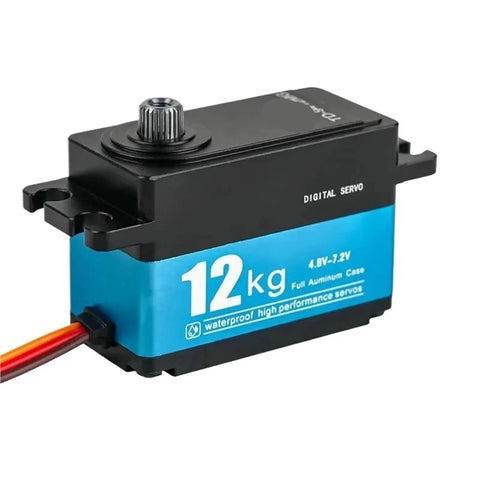 Heavy Duty Digital Servo Boasting Full Metal Gears And Badass 12Kcm Torque For Rc Vehicles Featuring Reliable 270 Degree Rotation and Rig Ready Precision Handling, showing a close-up view of the servo's aluminum case.