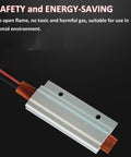 Front view of a rectangular aluminum-shell PTC heating element with red and black leads.