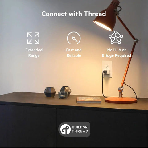 Smart Plug With Thread For HomeKit And Siri Control NFC Easy Setup Apple iPhone iPad Compatible Outlet For Home Automation Works With Apple Home App No Hub Needed White, lamp plugged into smart outlet on wall