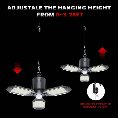 Plug In Garage Light With Motion Sensor 80W 8000LM Deformable LED Shop Light with adjustable hanging height shown