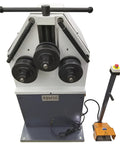 Heavy Duty Electric Three Roller Pinch Bend Machine With 2 Inch Rollers And 220V Power, front view with control pedal.