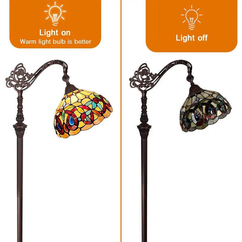 Stained Glass Tiffany Style Floor Lamp Standing 62 Inches Tall With Inlaid Crystal Accents showing light on and off