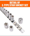 11 Piece E Torx Socket Set External Star Sockets E4 Through E20 With Rail For Easy Storage on white background, close-up view