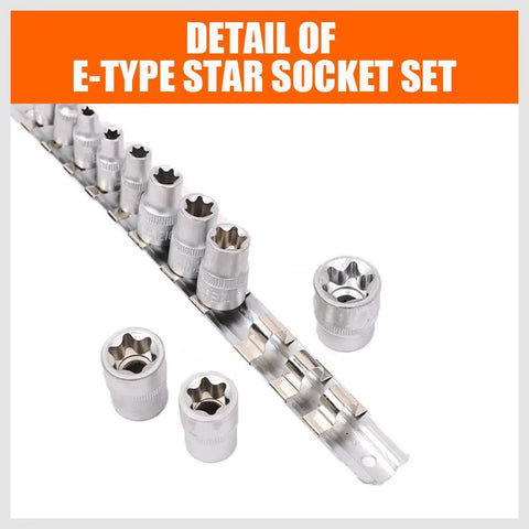 11 Piece E Torx Socket Set External Star Sockets E4 Through E20 With Rail For Easy Storage on white background, close-up view