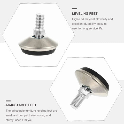 Close-up of a stainless steel adjustable leveling foot with a swivel base for furniture stability, 10 Pack Heavy Duty Stainless Steel Adjustable Furniture Leveling Legs With Swivel Base Crushes Stubborn Wobbles Fast And Serves As Premium Floor Savers To Silence Annoying Creaks While Providing Rock Solid Stability For Daily Use.
