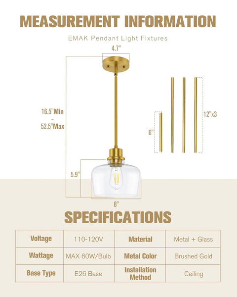 Emak 8 Inch Pendant Lights Kitchen Island, 1-Light Brushed Gold Kitchen Pendant Lights with Clear Glass Shade, Hanging Lamp dimensions.