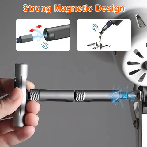 Person using 24 In 1 Magnetic Screwdriver Set With Detachable Ratchet T Handle Portable Multi Bit Magnetic Drive Tool Kit for tightening screws on fan.