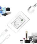 Israel Standard Wall Socket With Dual Usb A And Blazing Fast Usb C Charging, Sure Click Toggle Switch, Rj45 Ethernet Plus Tv Coax Jacks, Slick Acrylic Panel Electrical Outlet with devices.
