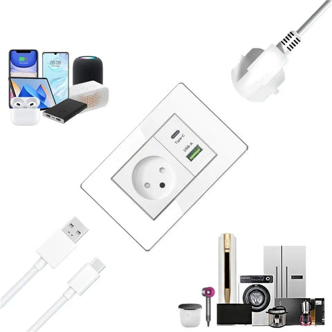 Israel Standard Wall Socket With Dual Usb A And Blazing Fast Usb C Charging, Sure Click Toggle Switch, Rj45 Ethernet Plus Tv Coax Jacks, Slick Acrylic Panel Electrical Outlet with devices.
