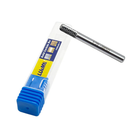 Pro Grade Solid Carbide Rotary Burr With 1/4 Inch Shank 5/8 Inch Cutting Length in blue plastic case