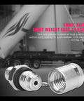 Front view of two silver hydraulic test coupling adapters with threaded ends connected by a small chain.
