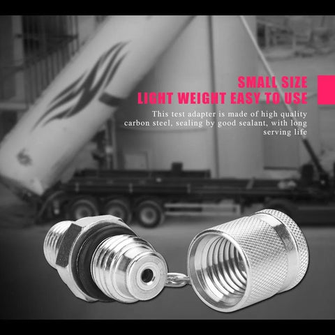Front view of two silver hydraulic test coupling adapters with threaded ends connected by a small chain.