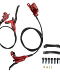 Rock Solid Four Piston Hydraulic Disc Brake Set For Mountain Bikers With Drop Dead Smooth Bilateral Oil Lines And Tough Resin Pads, red lever and caliper.