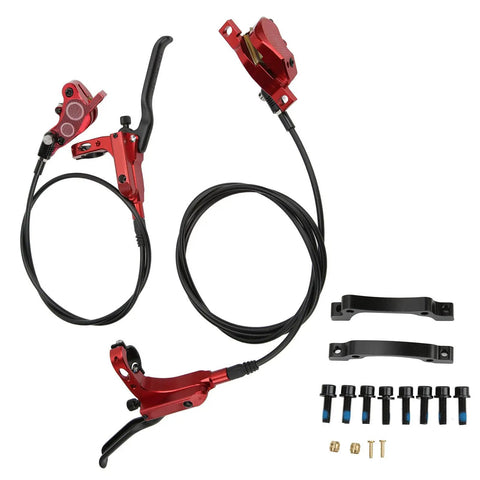 Rock Solid Four Piston Hydraulic Disc Brake Set For Mountain Bikers With Drop Dead Smooth Bilateral Oil Lines And Tough Resin Pads, red lever and caliper.