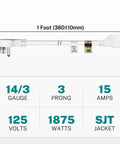 Flat Plug Extension Cord 1 Ft Beefy Heavy Duty 14 AWG 15A 125V 1875W White showing specifications and measurements.