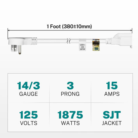 Diagram showing Slim Flat Plug Extension Cord 1 Foot 14 Gauge 15 Amp White Heavy Duty Power Cord With Low Profile Design with specs