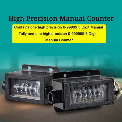 Two Pack Mechanical Counter Kit With One 0-99999 Five Digit Manual Tally And One 0-999999 Six Digit Manual Counter Resettable Pull Counter Manual Stroke Clicker No Fuss Tracking Reps And Movements displaying counters on table