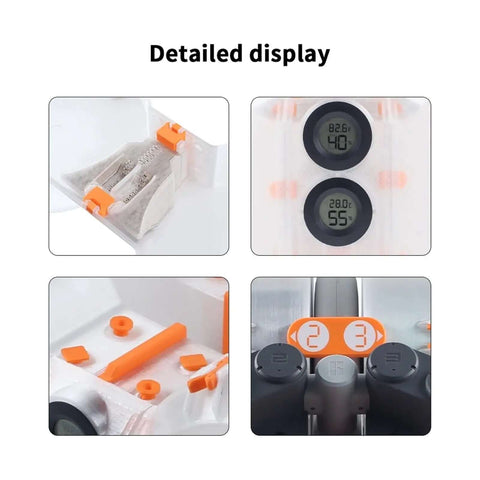 Detailed display of Moistureproof Filament Spool Enclosure for AMS Lite, including moisture gauges and dustproof features.
