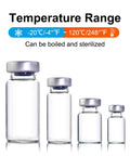 Front view of four clear glass 2ml sample vials with silver caps.