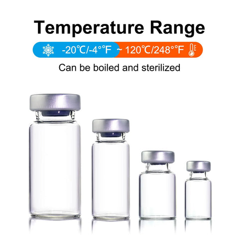 Front view of four clear glass 2ml sample vials with silver caps.