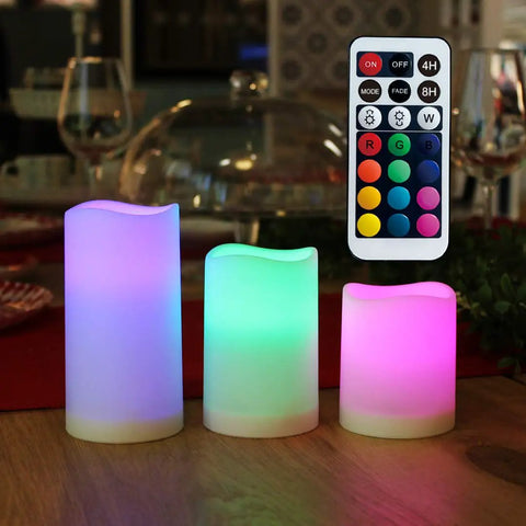 Colorful LED Flameless Candles Set Of 3 With Remote And Timer Color Changing LED Candles For Indoor And Outdoor Use on table