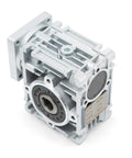 NMRV 030 Worm Gear Reducer 80 To 1 For NEMA 23 Motors, metal housing, flange, input and output shafts visible