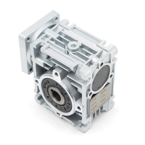 NMRV 030 Worm Gear Reducer 80 To 1 For NEMA 23 Motors, metal housing, flange, input and output shafts visible