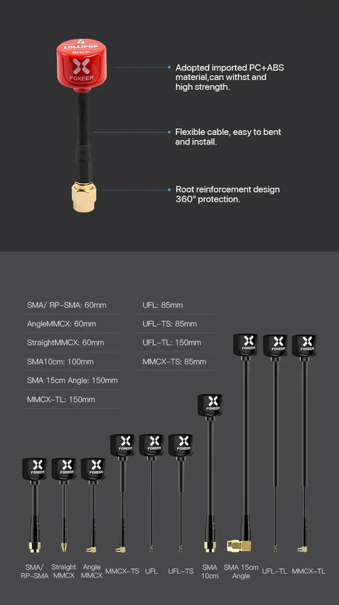 Foxeer4 Elite High Gain FPV Antenna 5.7GHz 2.6dBi RHCP with SMA RPSMA UFL MMCX, polycarbonate shell, cable, and connector options