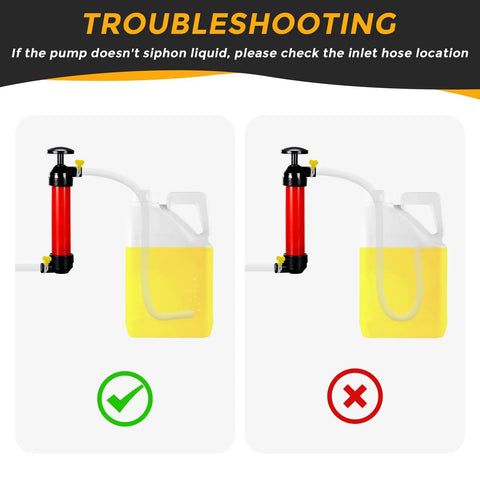 Manual Liquid Transfer Pump Siphon Kit For Water Fuel Oil RV Antifreeze troubleshooting correct and incorrect hose setup guide.
