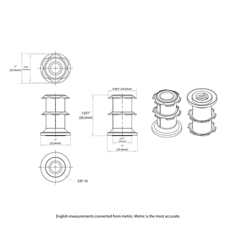 Technical drawing of Double Star Threaded Caster Insert in Heat Treated Steel for 1 Inch Round Tube 16 18 Gauge with 3/8-16 Thread Pack of 4