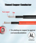Diagram of 10 AWG Solar Extension Cable 2ft Black And 2ft Red Twin Wire showing tinned copper conductor and no aluminum label.