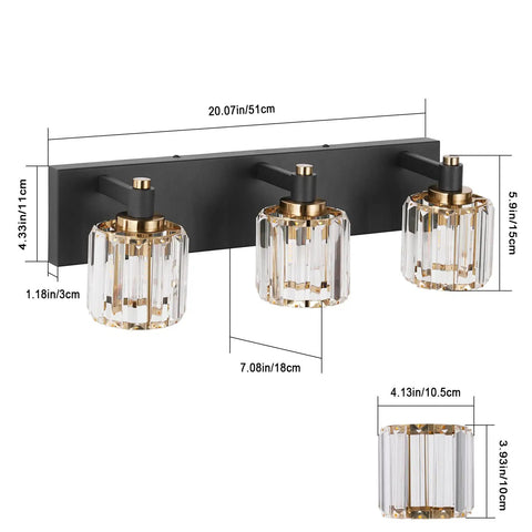 Modern Crystal Vanity Light In Black And Gold That Looks Boss With Dimmable E12 Base 60W Max Long 20.07 Inch Bar