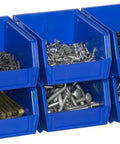 Stackable Plastic Storage Bins For Garage Pantry And Craft Organization 5 By 4 By 3 Inch Blue 6 Pack filled with screws